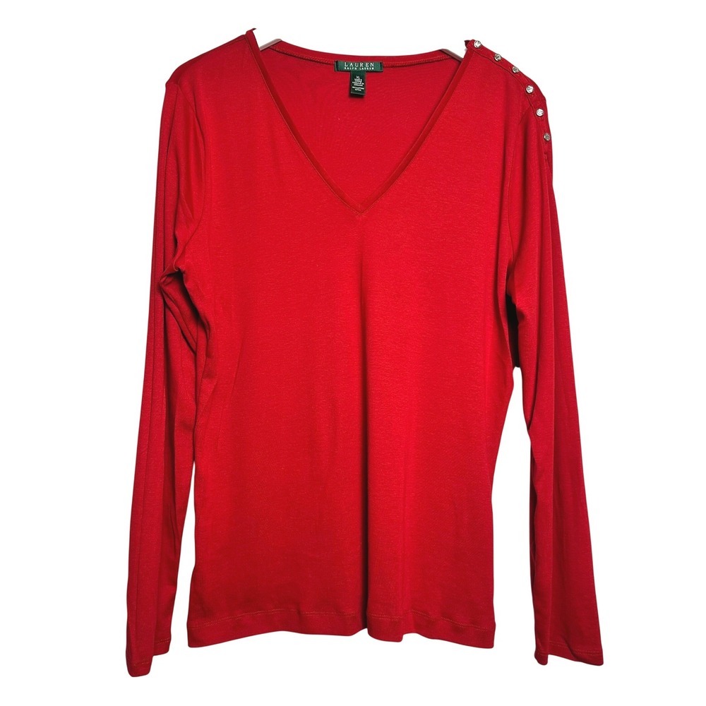 Lauren Ralph Lauren Red V-Neck Long Sleeve Cotton Top with Button Shoulder XL